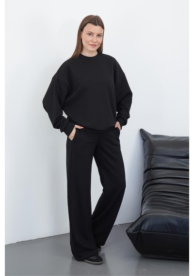 Penyebizden Kadın Pamuk 3 İplik Şardonsuz Oversize Sweatshirt & Geniş Paça Eşofman Altı Takım-siyah