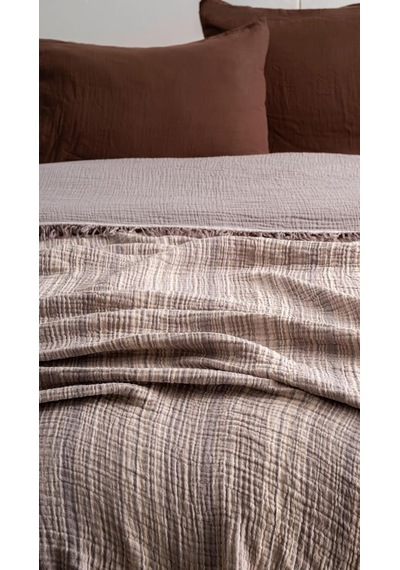 Boho Çizgili Yatak Örtüsü 4 Katlı Müslin%100 Pamuk Yumuşak Lüks Yazlık Pike Çift Kişilik Battal Boy 240x260 Cm Bej