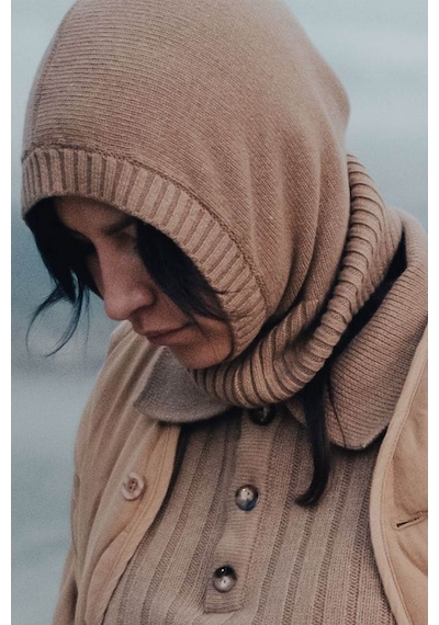 Külah Balaclava Kadın Triko Kar Maskesi Bere Boyunluk Camel Standart