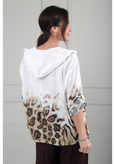 By Saygı Kadın Kapüşonlu Düğmeli Uzun Kollu Cepli Leopar Desen İtalyan Cotton Ceket Ekru