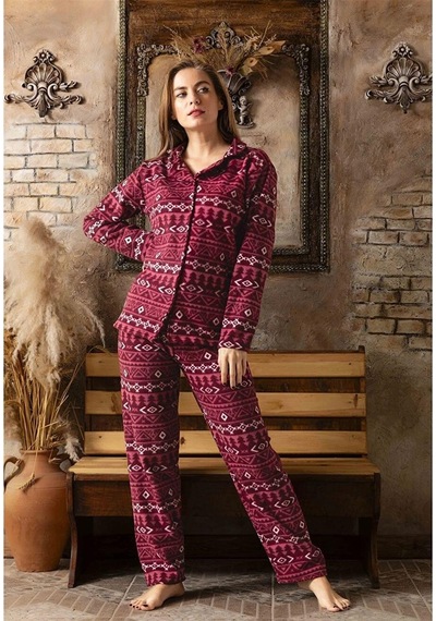 Sude Kadın Gömlek Yaka Polar Pijama Takımı M901 - 1 Adet 001