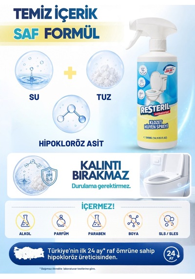 Resteril Tuvalet Temizleyici Hızlı Etkili Dezenfektan Sprey Klozet Kapağı Temizleyici Alkolsüz Hipokloröz Asit Tuvalet Koku Giderici Küf Önleyici 500 ML