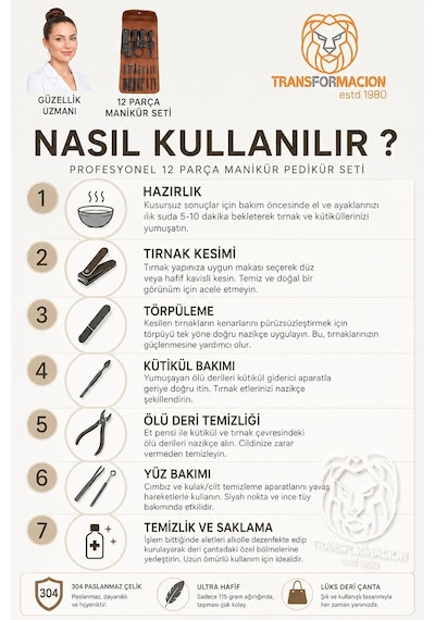 Tr 12 Parça Paslanmaz Çelik Manikür Pedikür Seti, Tırnak Makası, Törpü, Cımbız, Kütikül Aleti, Siyah Mat, 11