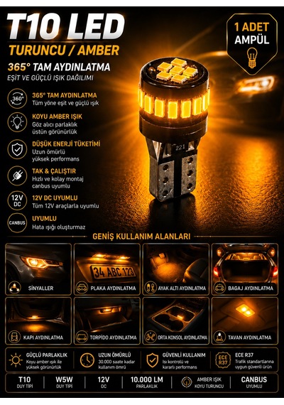 T10 Wy5w Amber Turuncu Led Ampul 360 Aydınlatma Canbus Hatasız Sinyal Park 1 Adet