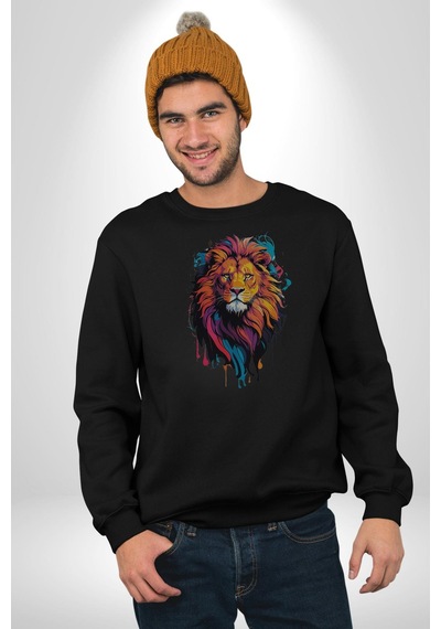 Renkli Yağlı Boya Aslan Unisex Siyah Baskılı Sweatshirt Siyah