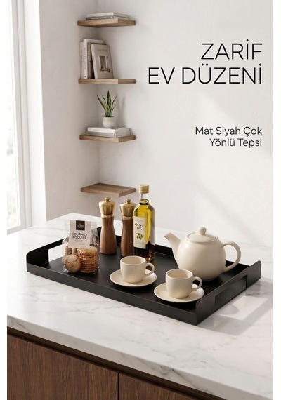 Metal Çay Tepsisi Siyah Sunum Tepsisi Servis Tepsisi Dikdörtgen Dekoratif Tepsi Kahve Çay Servi