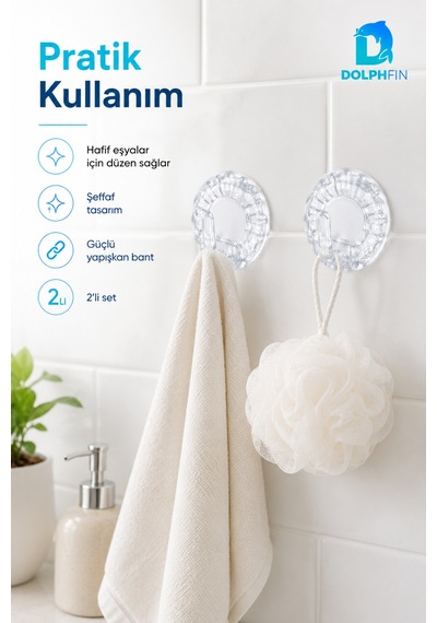 2 Li Şeffaf Yapışkanlı Duvar Askısı 6 Cm Delmeden Montaj -şeffaf