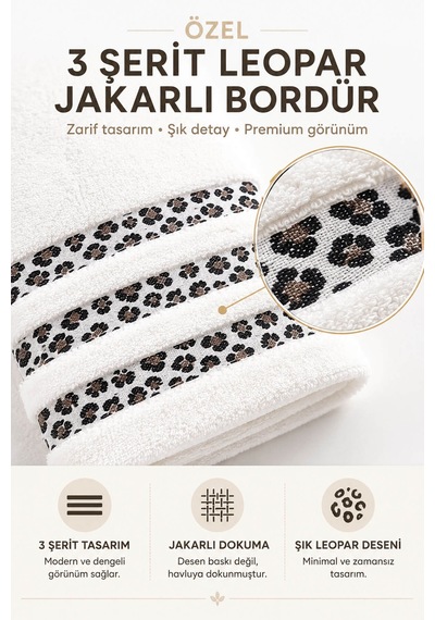2 Parça Banyo Havlu Seti %100 Pamuk Leopar Deluxe 70x140 Cm + 50x90 Cm Beyaz