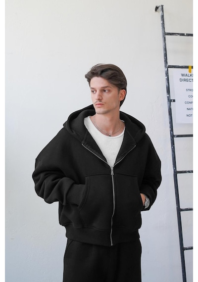 Siyah Cozy Basic Tam Fermuar Oversize Sweatshirt Siyah