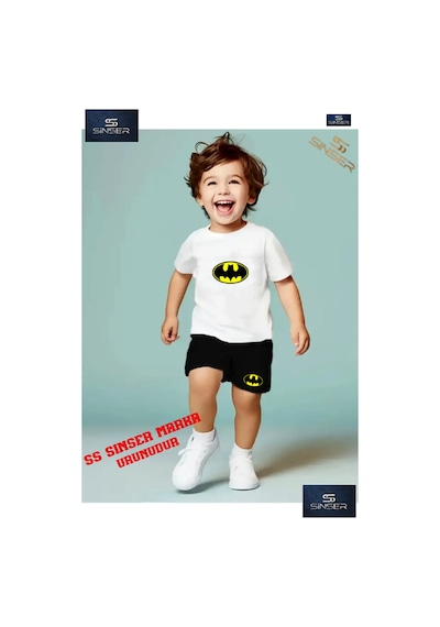 Ss Sinser Çocuk Batman Logo Özel Baskılı Bisiklet Yaka Tişört - Şort Alt - Üst Çocuk Takım Renk:beyaz/sıyah