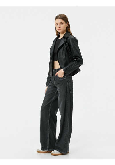 Koton Suni Deri Ceket Fermuar Detaylı Cepli Kruvaze Siyah 5wak20034ew Siyah