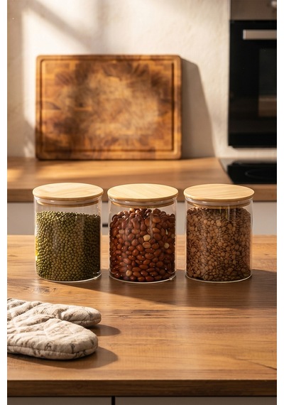 Porsima 1-3 Bambu Vakumlu Kapaklı Yuvarlak Borosilikat Cam 3lü Kavanoz Seti Saklama Kabı 750ml 10x12cm