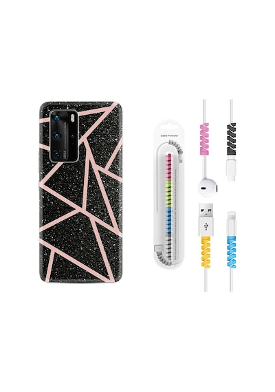 Huawei P40 Pro Kılıf Kablo Koruyuculu Pembe Şeritli Mermer 1312