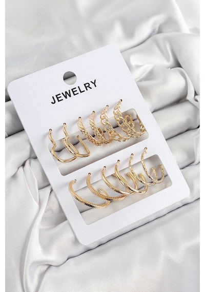 Pirinç Karışık Halka Model Gold Renk 6 Çift Kadın Küpe Set Çelik