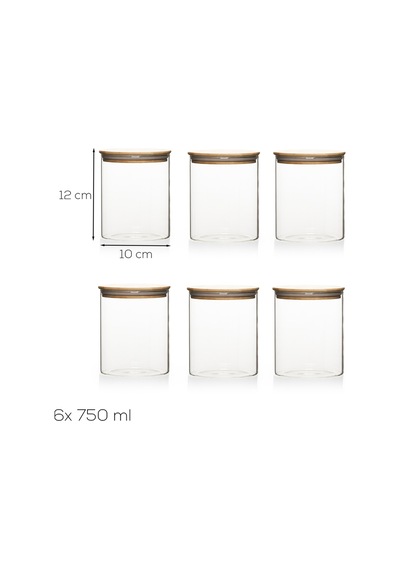 Porsima 1-3 Bambu Vakumlu Kapaklı Yuvarlak Borosilikat Cam 6lı Kavanoz Seti Saklama Kabı 750ml 10x12cm Cam - Şeffaf