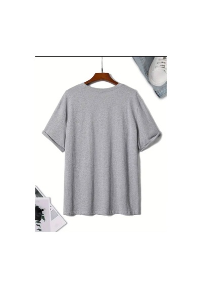 Medinenur Lavanta Desen Baskılı Basic T-shirt Gri