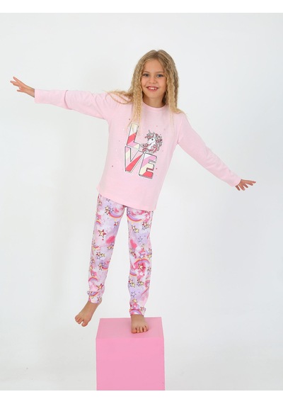 Kız Çocuk Uzun Kollu %100 Pamuklu Pijama Takımı Star Love Toz Pembe Toz Pembe