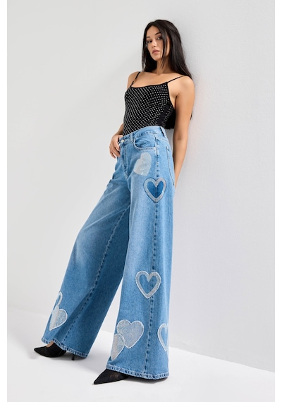 it's basic Kadın Kot Rengi 2s54 Parlak Taşlı Kalp Detaylı Bol Kesim Tasarım Denim Jean Mavi