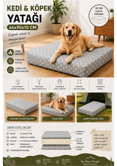 Büyük Irk Köpek Yatağı Süngerli Fermuarlı Yıkanabilir Kılıflı Köpek Minderi 64x90x10 Cm-gri Yıldız