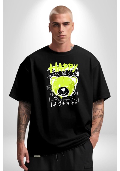 Sık Sık Mutlu Gülmek Teddy Bear Pamuklu Bisiklet Yaka Unisex Oversize Boyfriend Dijital Baskılı Siyah T-shirt Siyah