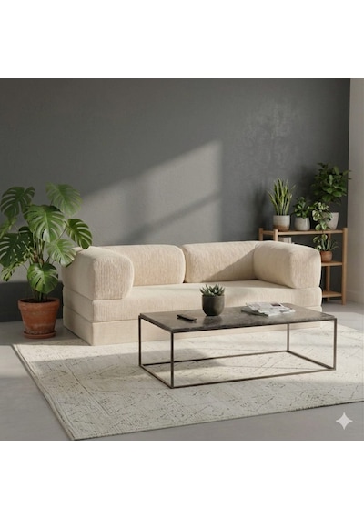 Herev 160x80 Sünger Koltuk İki Kişilik Kanepe Yataklı Yıkanabilir Kadife Kumaşlı Krem