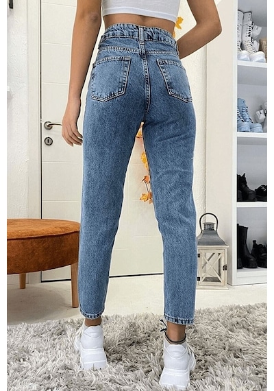 Woddi Sara Kar Mom Kot Yüksek Bel Likralı Ekstra Esnek Jeans Kot Pantolon Taş1