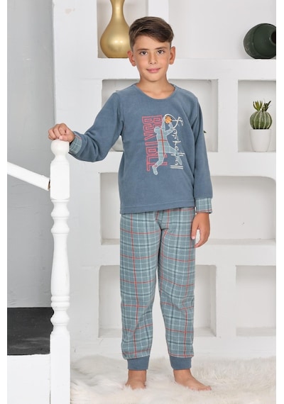 Yeni Sezon Sonbahar/kış Erkek Çocuk Basketball Desenli Polar Pijama Takımı 4530-petrol Mavisi Petrol Mavi