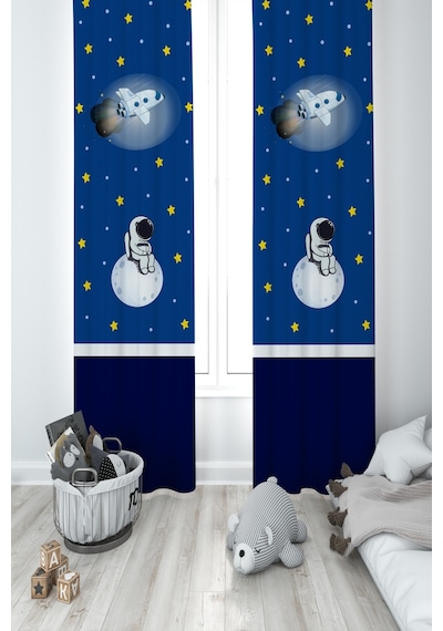 Mekta Home Bebek Ve Çocuk Odası Astronot Ve Spacex Desenli 2 Kanat Fon Perde