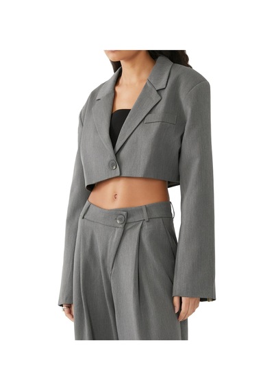 Reborn Society Kadınlar Için Şık Yaka Detaylı Crop Blazer Gri