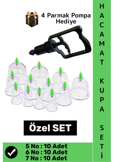 Hacamatseti 10 Adet 5-6-7 No Kupa Islak Kuru Kullanıma Uygun 4 Parmak Pompa Hediyeli Hacamat Seti