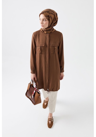 Armine Trend Doğal Kumaş Gizli Düğmeli Cep Detaylı Büzgü İpli Uzun Tunik 95 Cm Boy Fındık 26yt488 Kahverengi