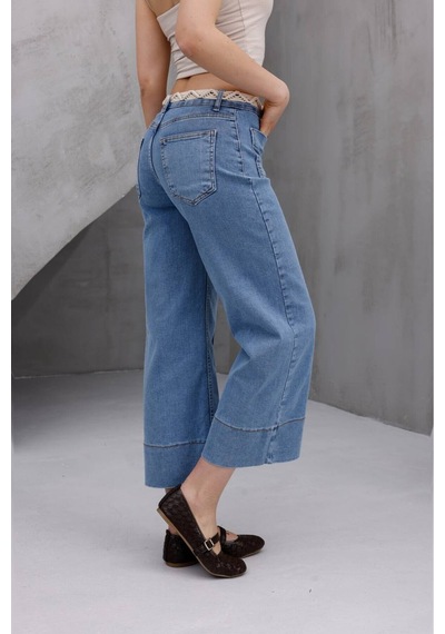 Zdnjeans Kadın Hasır Kemer Detaylı Yüksek Bel Wide Leg Jean Pantolon Mavi