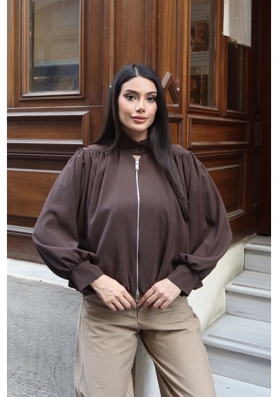 Kechi Woman Linda Twill Kumaş Çift Fermuarlı Astarlı Ceket Kahverengi