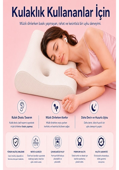 Soundsleep Kulak Dostu Uyku Yastığı Küpe Ve Kulaklık Kullananlar İçin Ergonomik Visco Yastık Beyaz