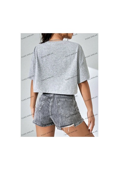 Tarzsokak Crop Ckod-232913 Mektup Baskı Slouchy Kısa Kollu Bol Kadın , Yaza Uygun Gri