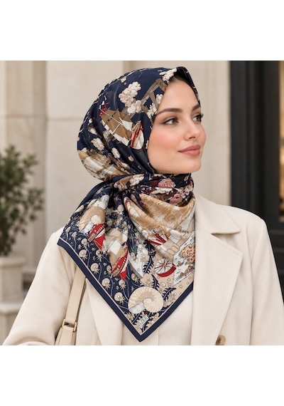 Zer Scarf Okyanus Desen Eşarp/omuz Şalı Krem