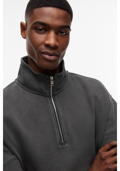 Tommy Hilfiger Relaxed Waffle Label Half Zip Erkek Siyah Sweatshirt-16108