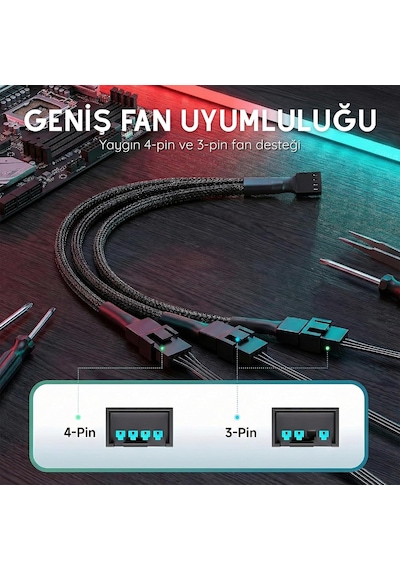 4 Pin Fan Çoklayıcı Y Kablo - 1 Den 3 E Splitter - 1x 4-pin + 2x 3-pin Çıkış - 4 Pin Pwm / 3 Pin Dc Uyumlu - 26 Cm