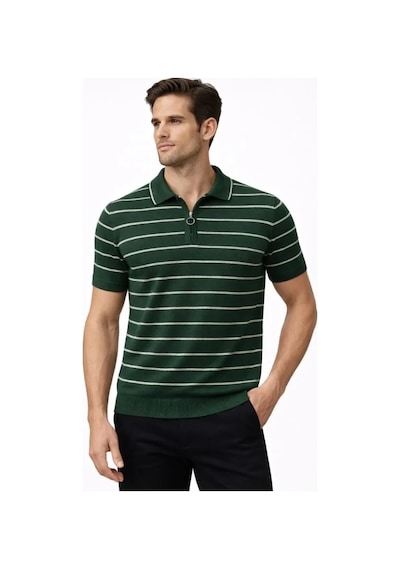 Vexor Erkek Triko Polo Yaka Fermuarlı Çizgili Tişört T-shirt Yazlık Şık - Yeşil