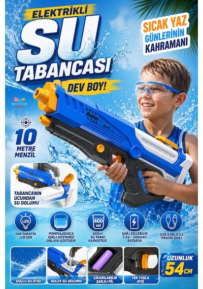 Büyük Boy Otomatik Atış Yapan Işıklı Elektrikli 10 Metre Menzil Su Tabancası 54 Cm.