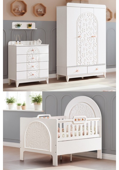 Garden Çocuk Odası Takımı, Garden 3 Kapaklı Dolap, Garden Büyüyen Beşik, Şifonyer - Beyaz Garden Çocuk Odası Takımı, Garden 3 Kapaklı Dolap, Garden Büyüyen Beşik, Şifonyer - Beyaz