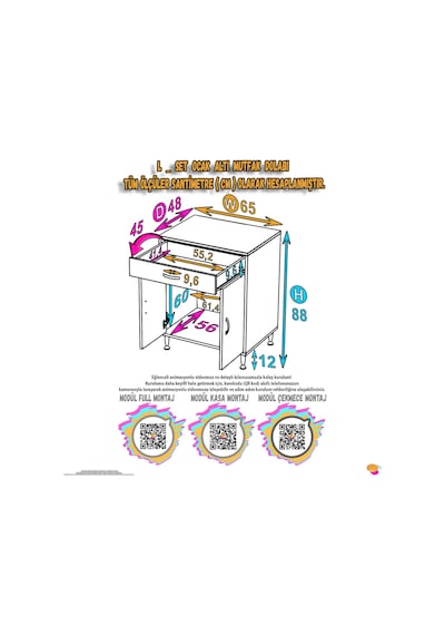 Eliusta Lumin Tüp Yuvalı 65 Cm Ankastre Ocak Altı Dolap 65x88x48 Cm Beyaz Dolap Çekmeceli Mutfak Organizeri Beyaz