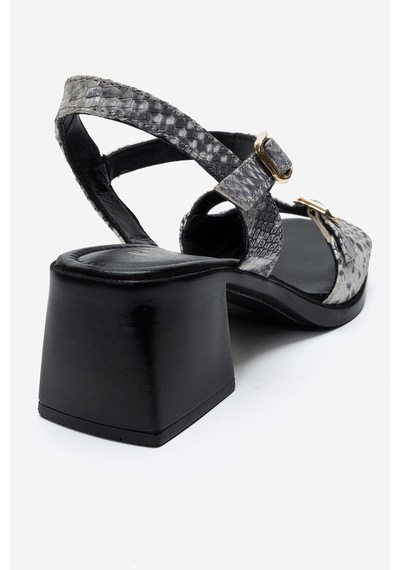 Luvi Shoes Yolen Siyah Desenli Hakiki Deri Kadın Kalın Topuklu Sandalet