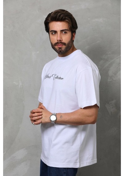 Barlashive Erkek Bisiklet Yaka Baskılı Kısa Kol T-shirt - Beyaz Çok Renkli
