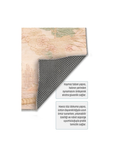 Salon Halısı Bej Pudra Yeşil Japon Bahçesi Desenli Th-3036 Pudra Rengi - Pembe - Yeşil