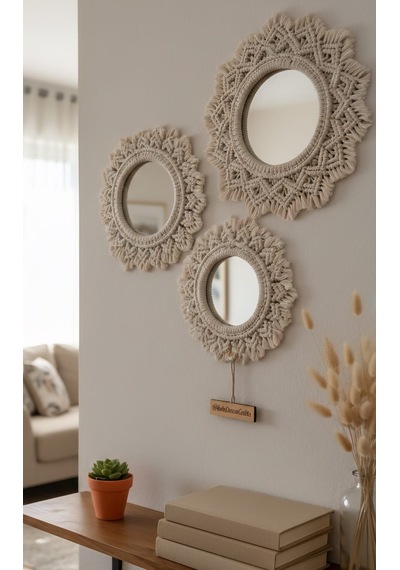 Sonbahar Esintisi Makrome Duvar Aynası Kombini 3'lü Lüks Set 16-18-20 Cm - Ekru Diğer