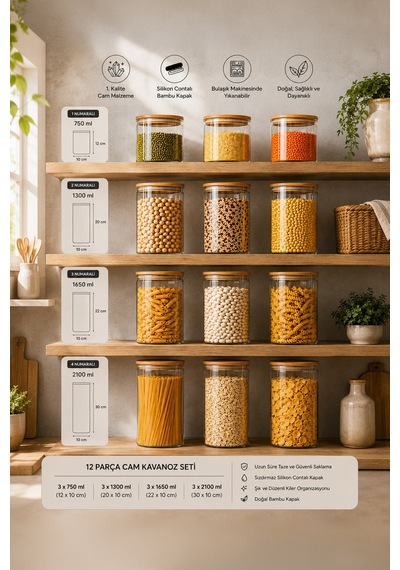 Porsima 12'li Bambu Ahşap Kapaklı Cam Kavanoz Seti 2100 Ml, 1650 Ml, 1300 Ml, 750 Ml Erzak & Baharatlık Bambu - Şeffaf