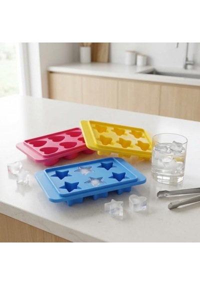 Tr Plastik 6 Bölmeli 3 Desenli Buz Kalıbı Seti, Yıldız-kalp-çiçek Desenli Buz Kalıbı 3 Set 13cm 8cm 3cm Eğle Genel