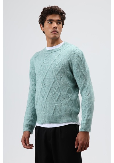 Vamos Oversize Desenli Triko Kazak Mint