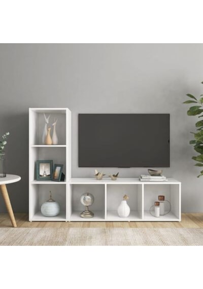 Tolga Kitaplıklı Televizyon Sehpası Ünitesi Kitaplık Beyaz 120 Cm 6 Raflı Beyaz